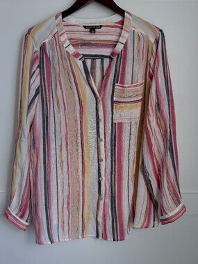 Zac & Rachel Blouse Womens 2X Multi Color Stripe Roll Tab Button Down Gauze Top